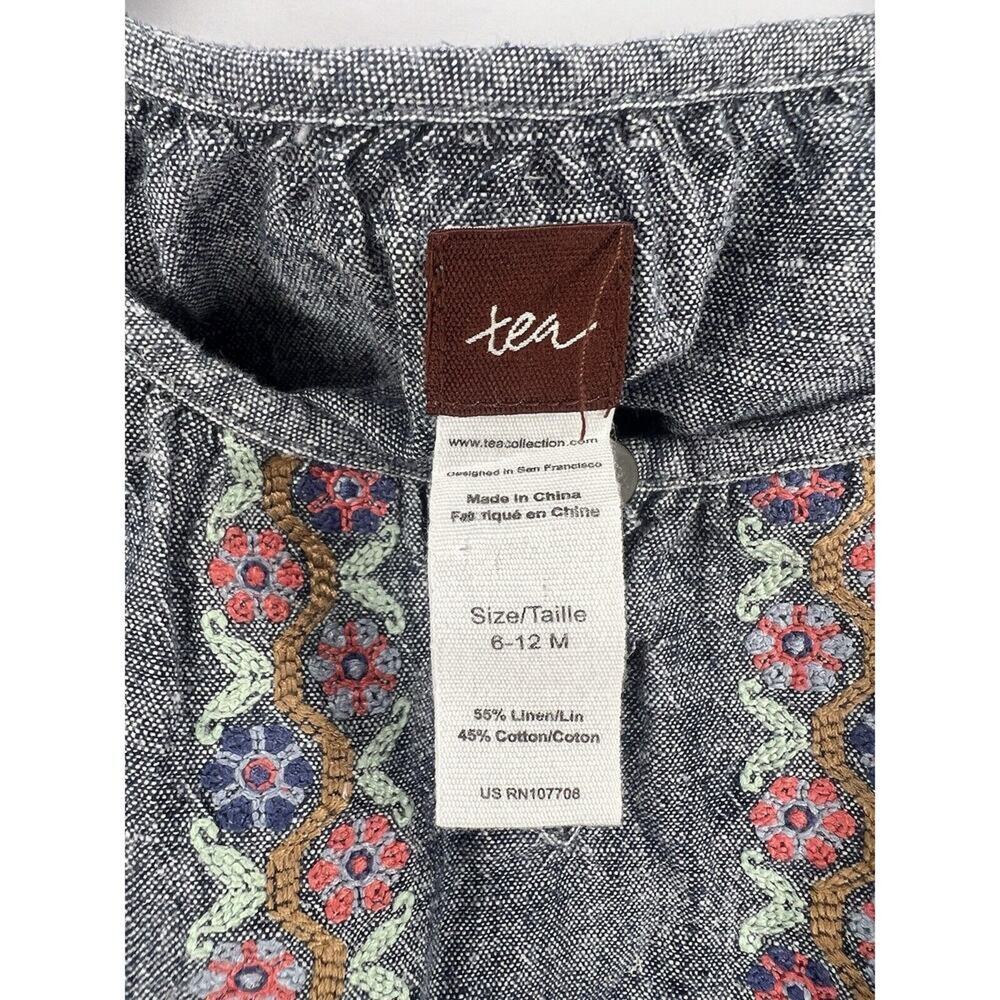 Tea Collection Baby Dress, Chambray Blue Linen Cotton, Floral Embroidered Ruffle - Picture 3 of 11